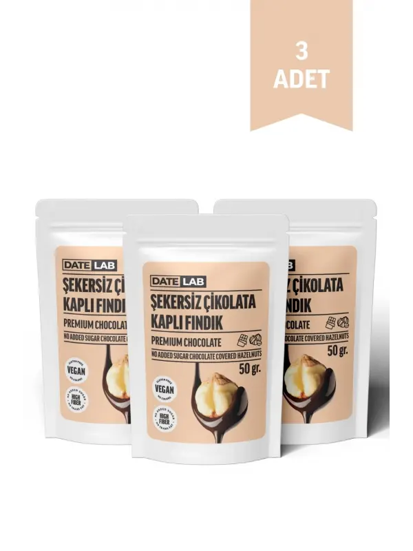 Şekersiz Çikolata Kaplı Fındık 3 Adet x 50 gr.