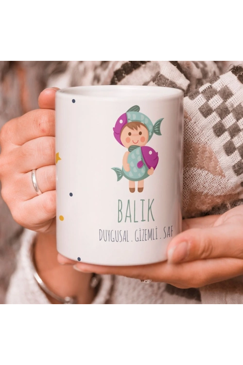 Balık Burcu Özel Sevimli Beyaz Kupa Bardak