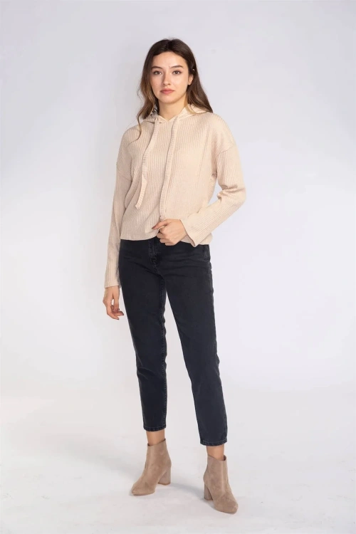 Kapüşonlu Triko Sweatshirt-BEJ
