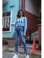 Çizgili Tasarım Triko Bluz - MAVİ