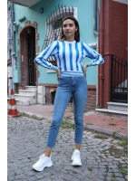 Çizgili Tasarım Triko Bluz - MAVİ