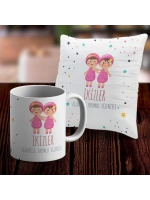 İkizler Tasarımlı Sevimli Kupa ve Yastık Kılıfı Seti