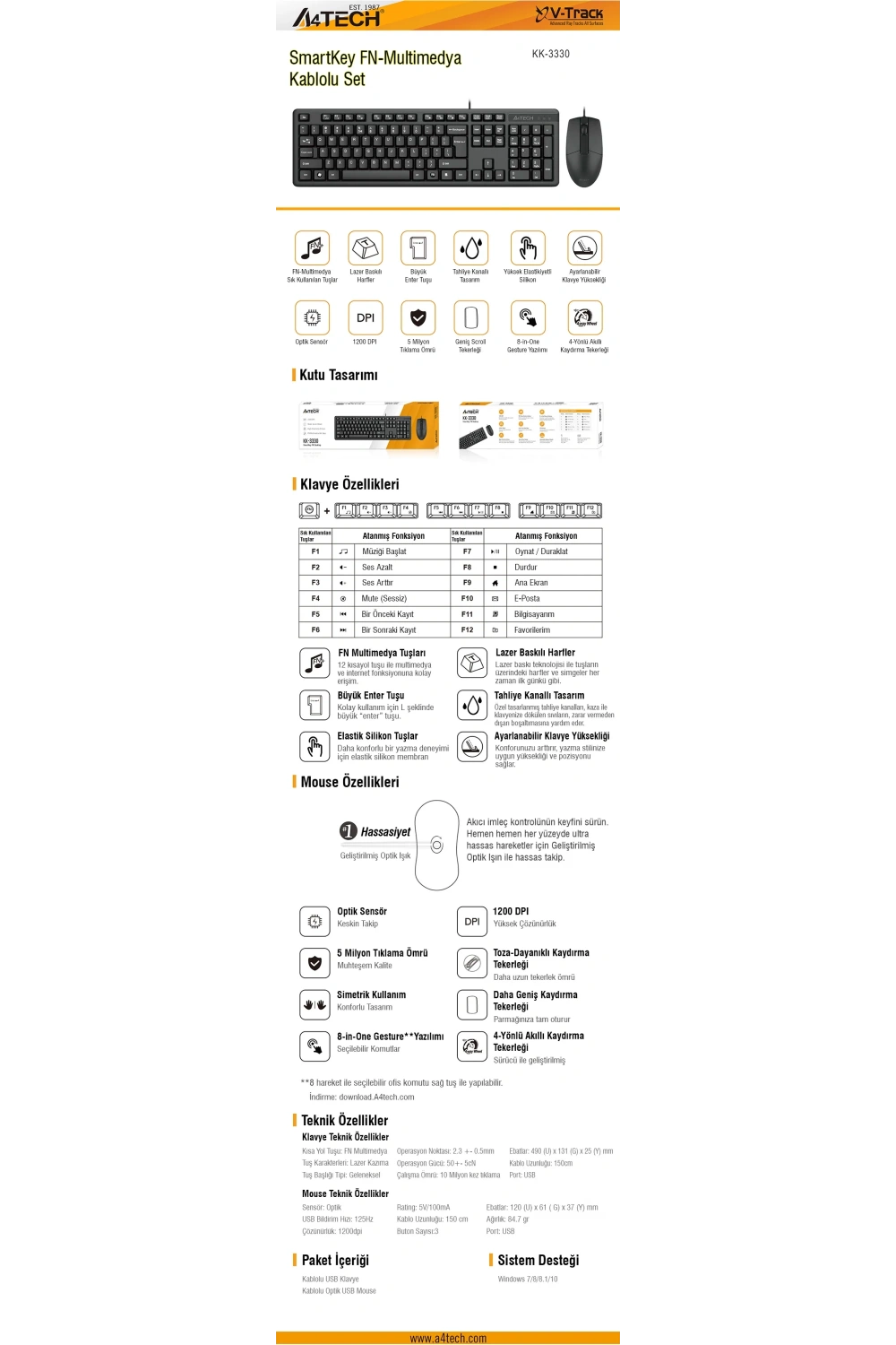 A4 TECH KK-3330 Q USB FN-MM KLV+ OPTİK MOUSE SET
