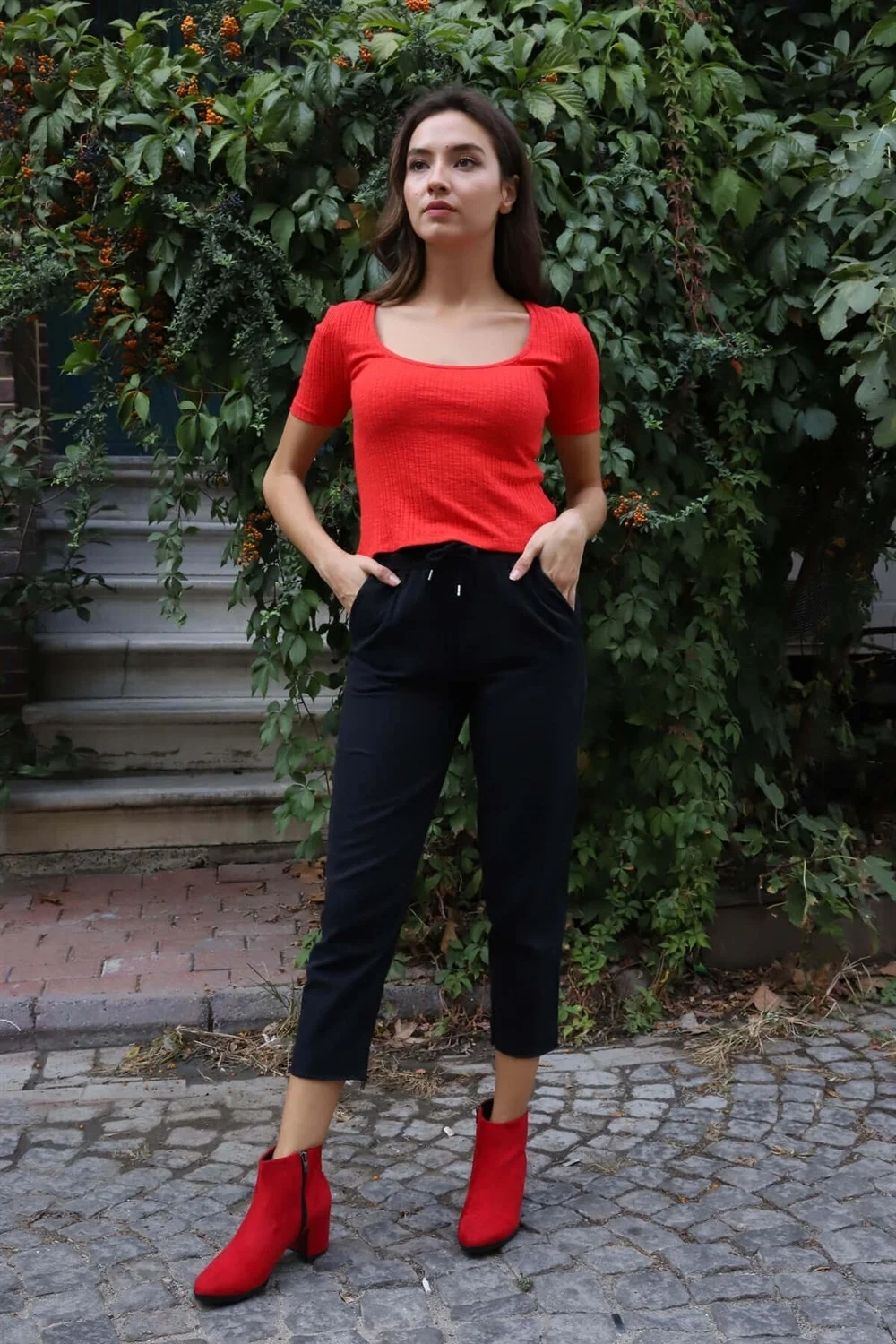 Geniş Yaka Triko Bluz - KIRMIZI