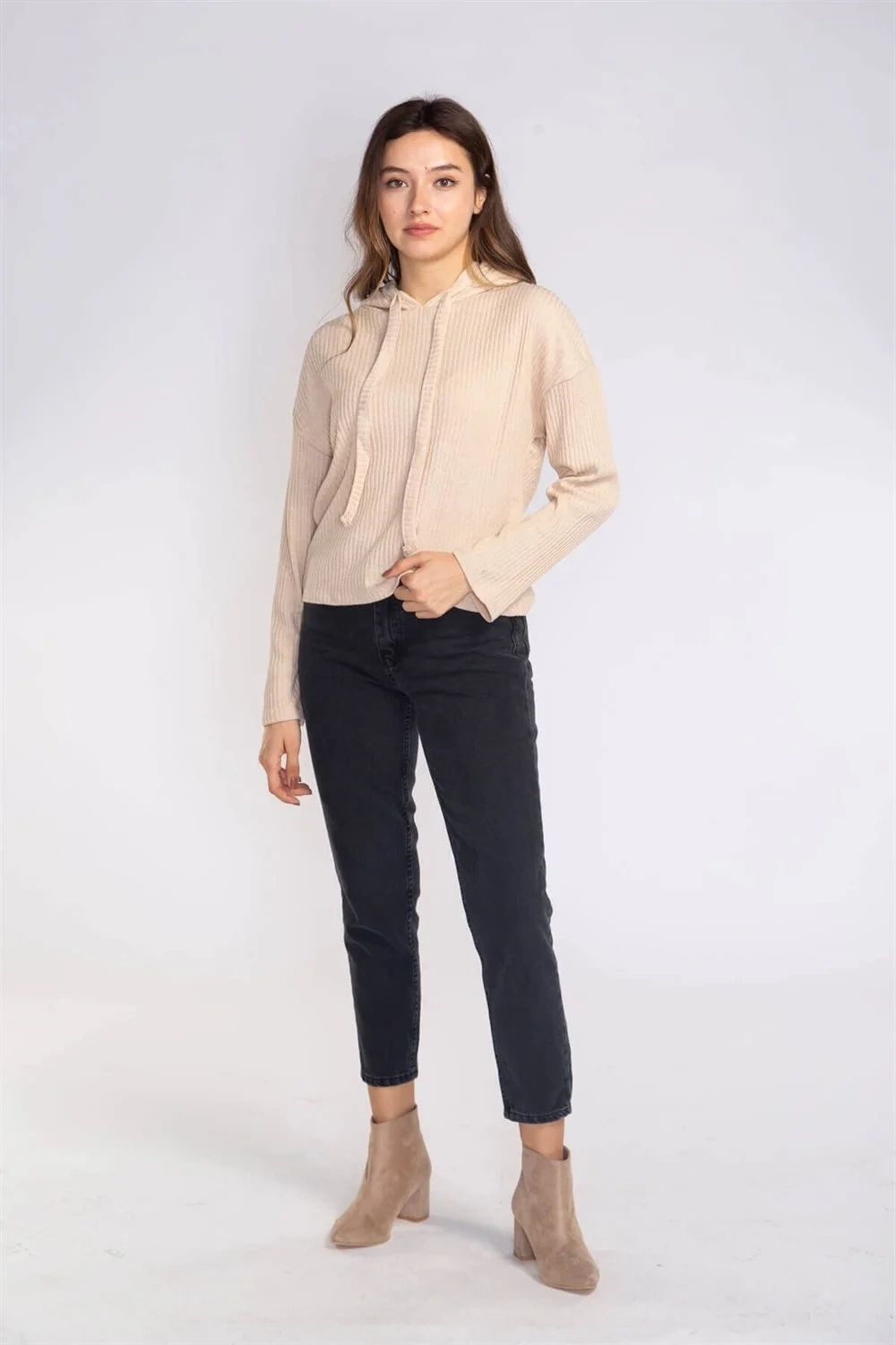 Kapüşonlu Triko Sweatshirt-BEJ