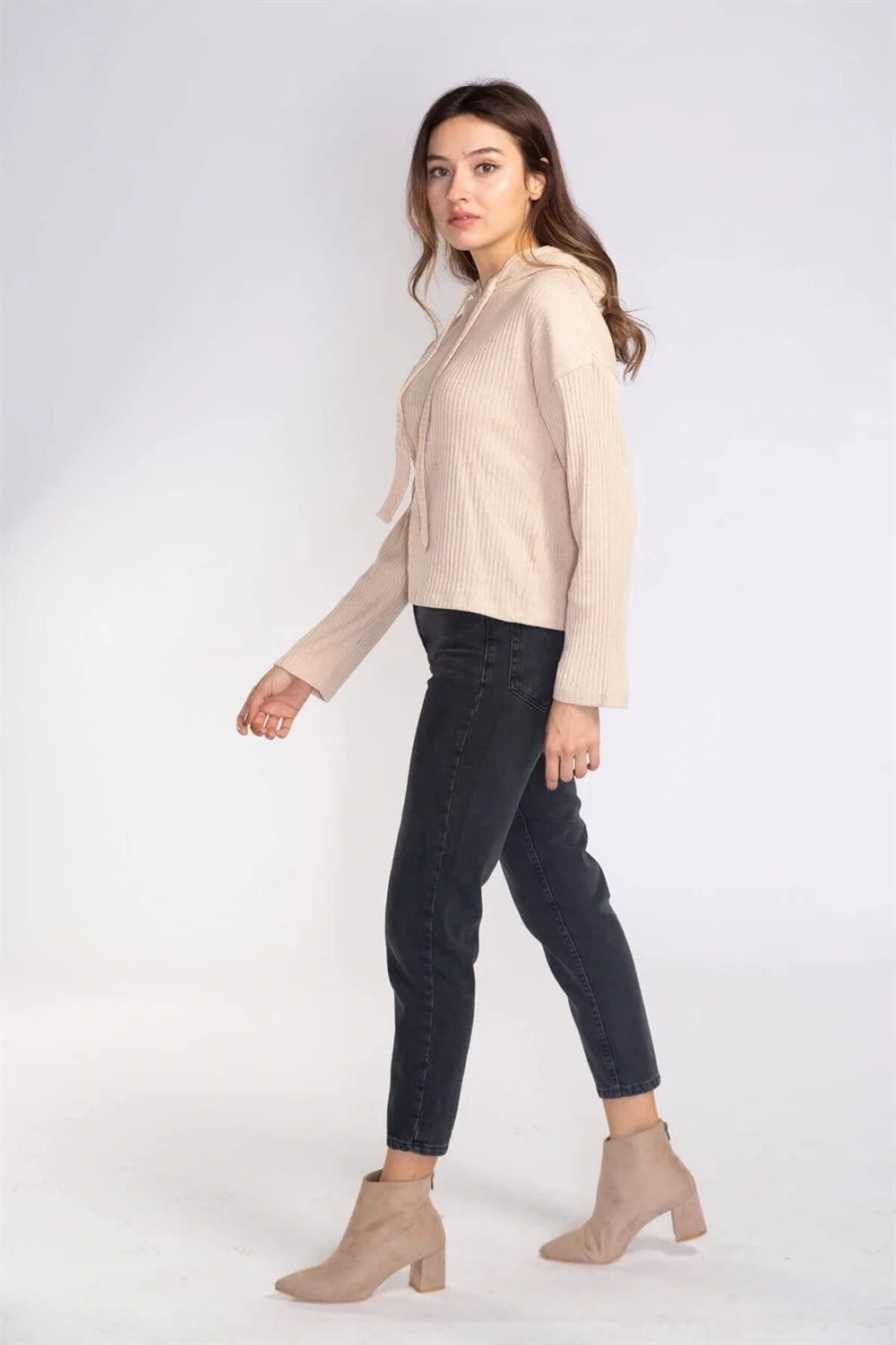 Kapüşonlu Triko Sweatshirt-BEJ