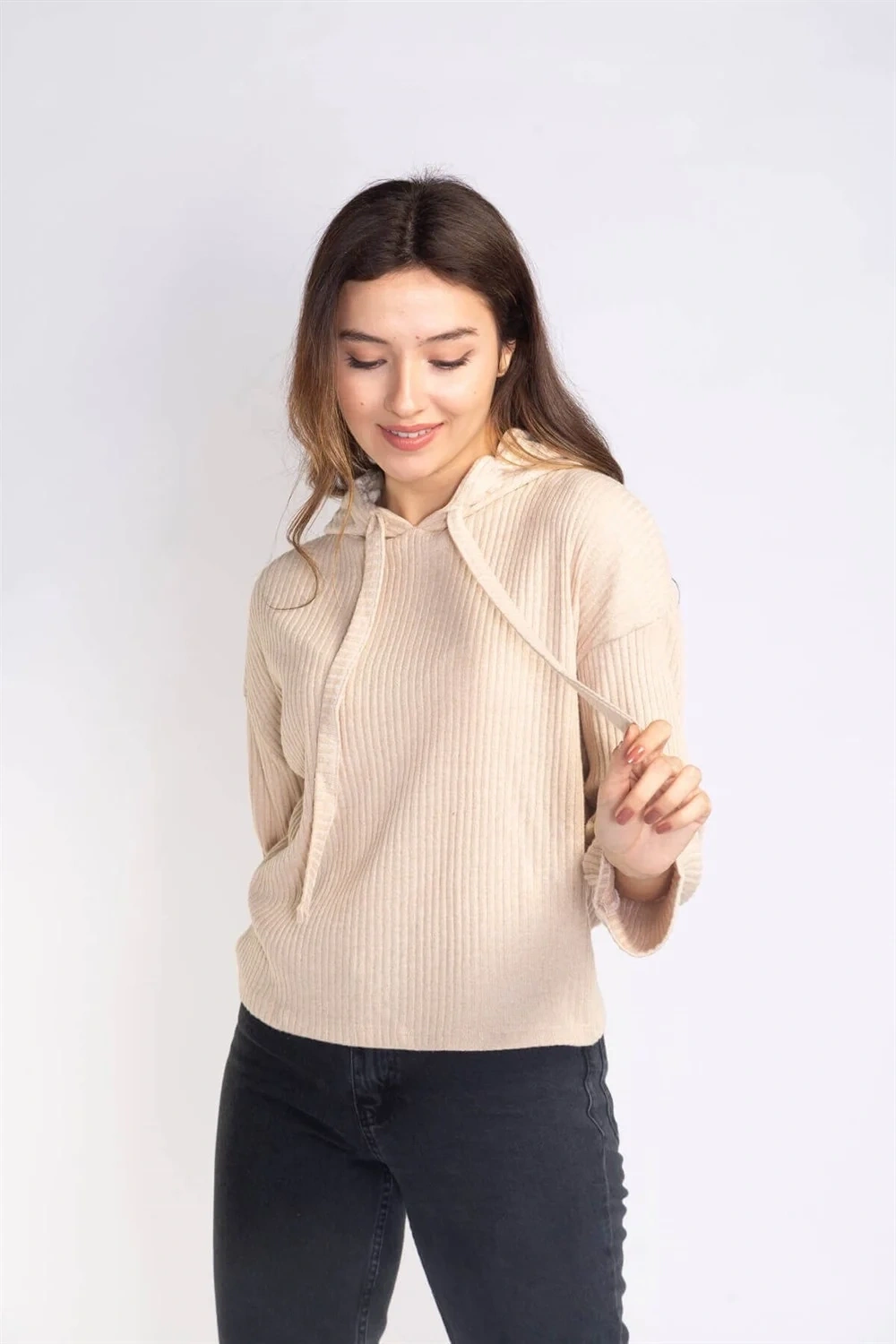 Kapüşonlu Triko Sweatshirt-BEJ