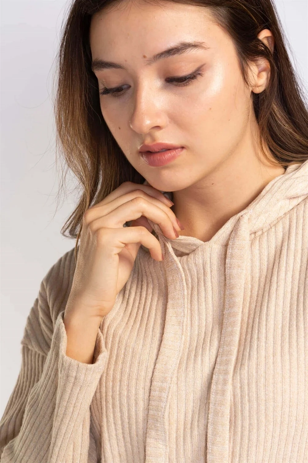 Kapüşonlu Triko Sweatshirt-BEJ
