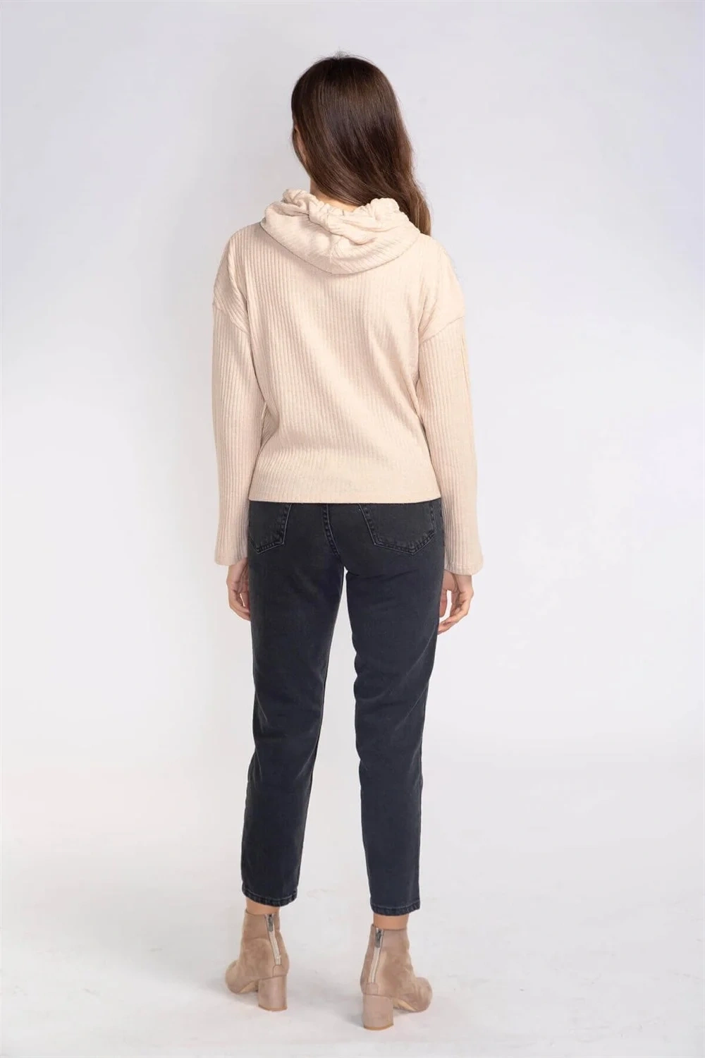 Kapüşonlu Triko Sweatshirt-BEJ