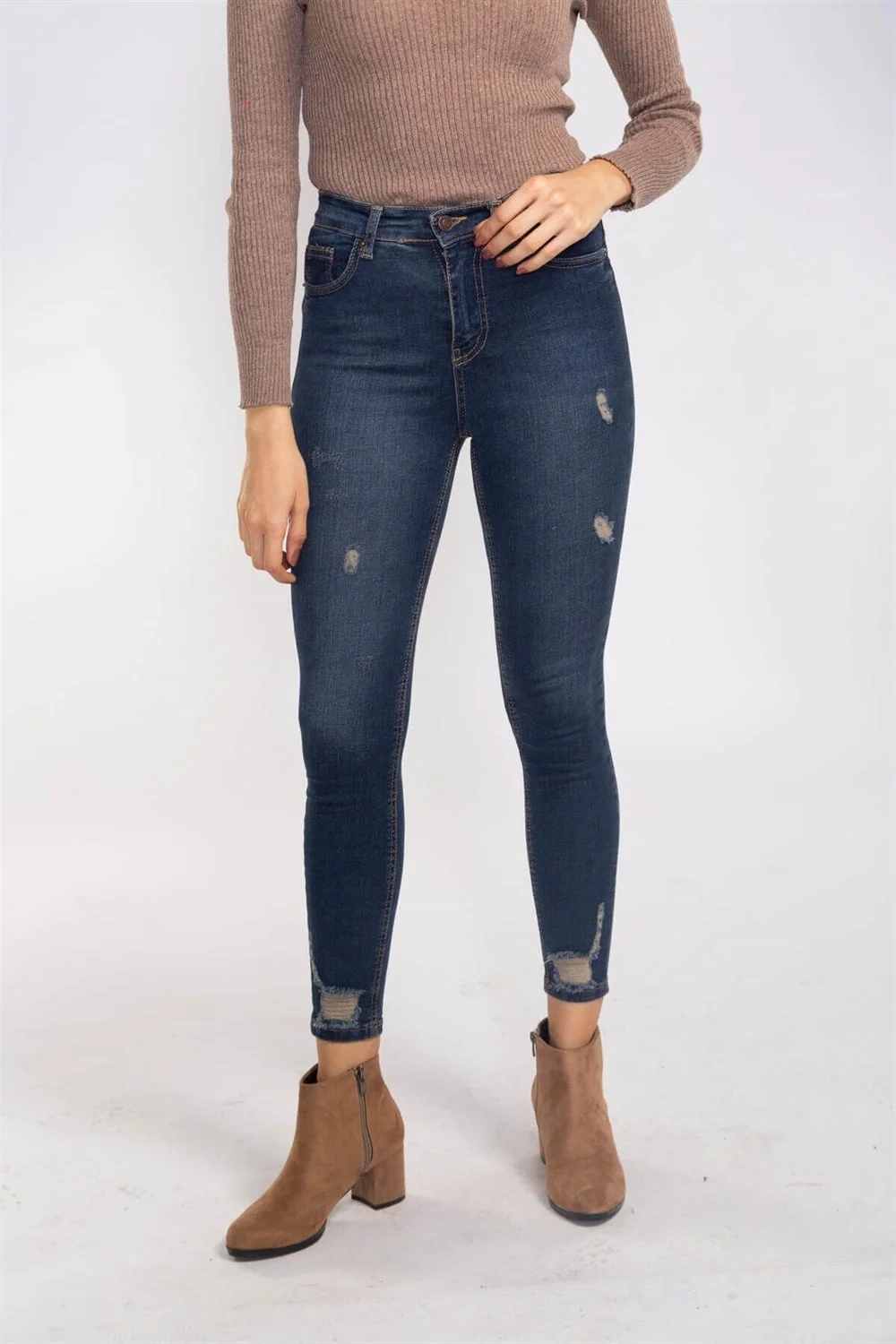 Yırtık Detaylı Skinny Jean Pantolon-LACİVERT