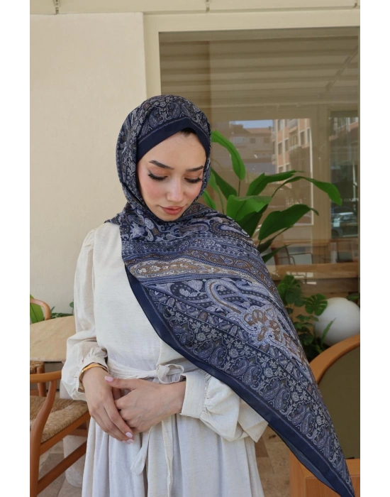 ETNİK DESENLİ LACİVERT ŞAL