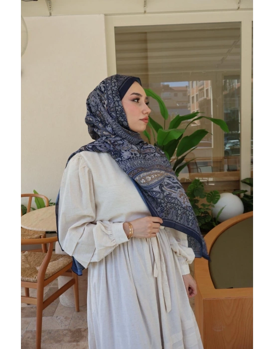 ETNİK DESENLİ LACİVERT ŞAL