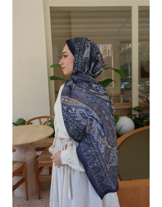 ETNİK DESENLİ LACİVERT ŞAL