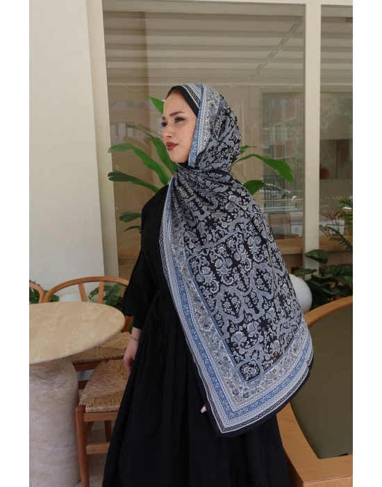 ETNİK DESENLİ MAVİ ŞAL