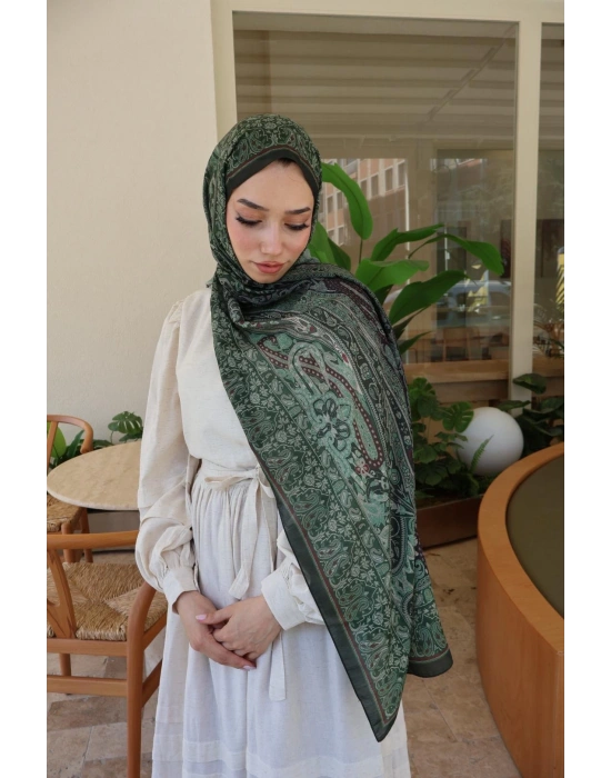 ETNİK DESENLİ YEŞİL-BORDO ŞAL