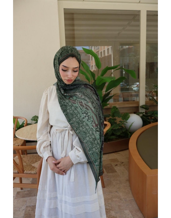 ETNİK DESENLİ YEŞİL-BORDO ŞAL