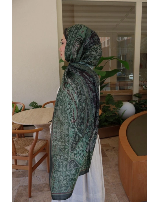 ETNİK DESENLİ YEŞİL-BORDO ŞAL