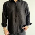 SİYAH VİSKON KUMAŞ REGULER ÇİZGİLİ GÖMLEK