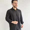 SİYAH VİSKON KUMAŞ REGULER ÇİZGİLİ GÖMLEK