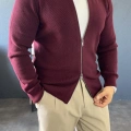 BORDO DİK YAKA ÇİFT FERMUARLI TRİKO HIRKA