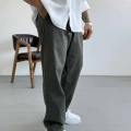 KOYU HAKİ YEŞİL TEK PİLELİ BAGGY KALIP KETEN PANTOLON