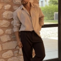 Krem Modal Kumaş GG Gömlek - Baggy Kalıp Acı Kahve Kumaş Pantolon Kombin