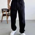 SİYAH TEK PİLELİ BAGGY KALIP KETEN PANTOLON