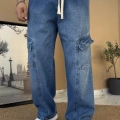 Taş Yıkamalı Kargo Cep Baggy Jean Eşofman Mavi