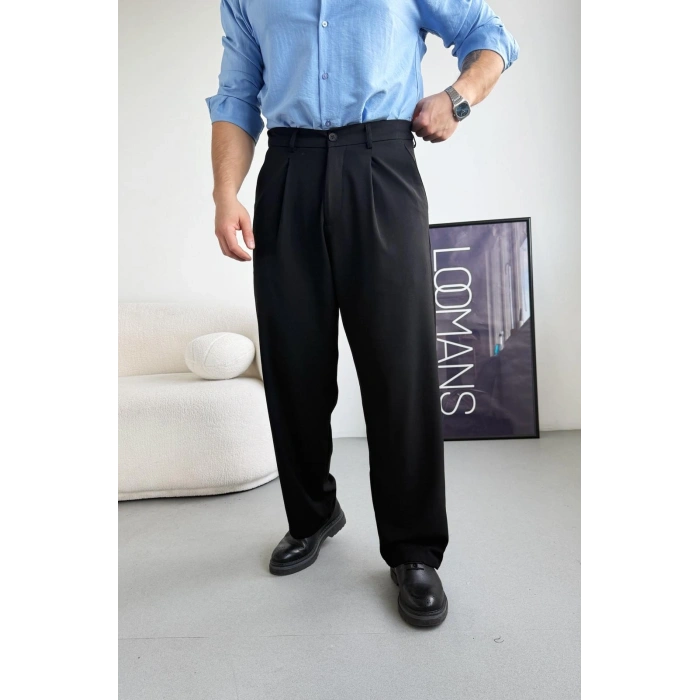 SİYAH TEK PİLELİ BAGGY KALIP KUMAŞ PANTOLON