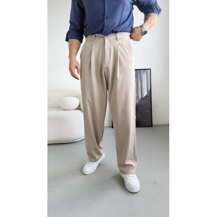 BEJ RENK TEK PİLELİ BAGGY KUMAŞ PANTOLON