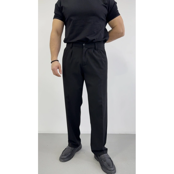 SİYAH ÇİFT PİLELİ BAGGY KALIP KUMAŞ PANTOLON