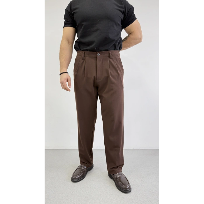ACI KAHVE ÇİFT PİLELİ BAGGY KALIP KUMAŞ PANTOLON