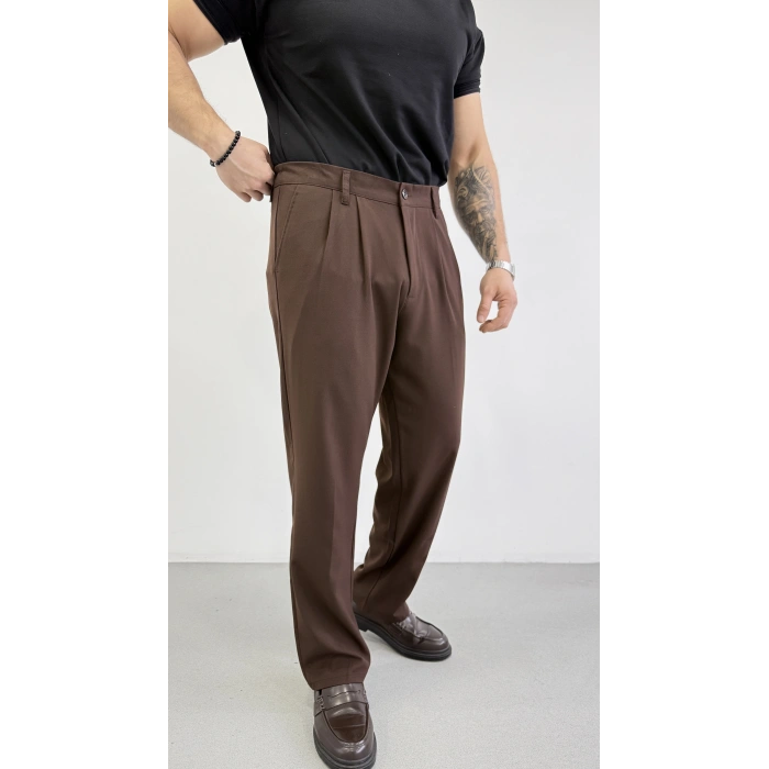 ACI KAHVE ÇİFT PİLELİ BAGGY KALIP KUMAŞ PANTOLON