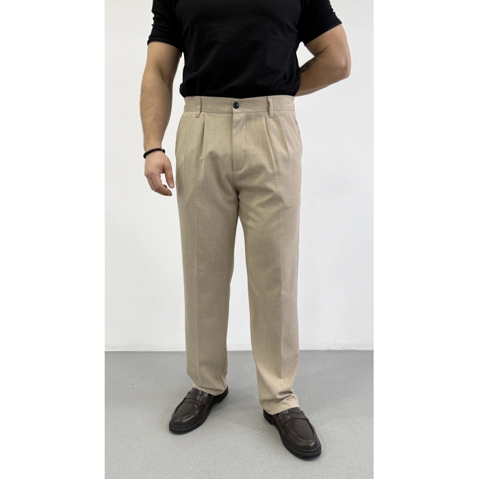 KUM BEJİ ÇİFT PİLELİ BAGGY KALIP KUMAŞ PANTOLON