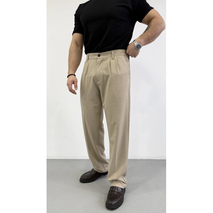 KUM BEJİ ÇİFT PİLELİ BAGGY KALIP KUMAŞ PANTOLON