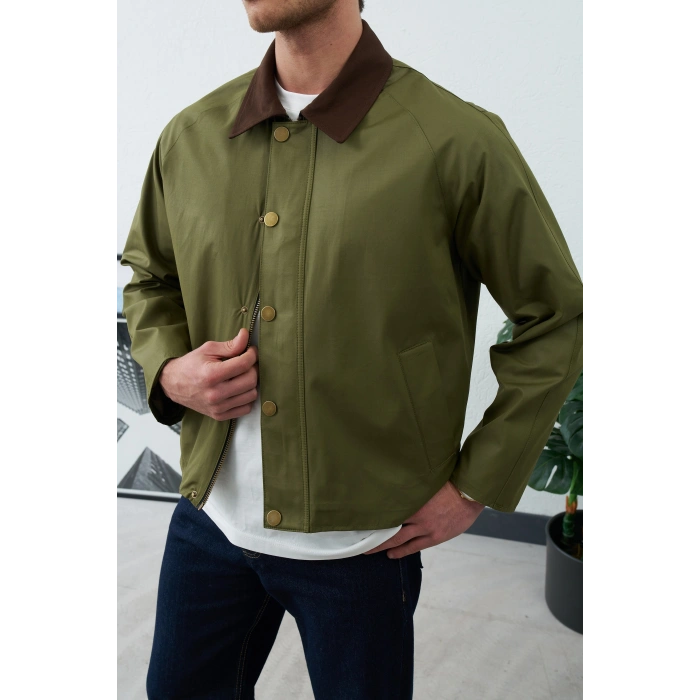 HAKİ YEŞİL KADİFE YAKA MEVSİMLİK CEKET