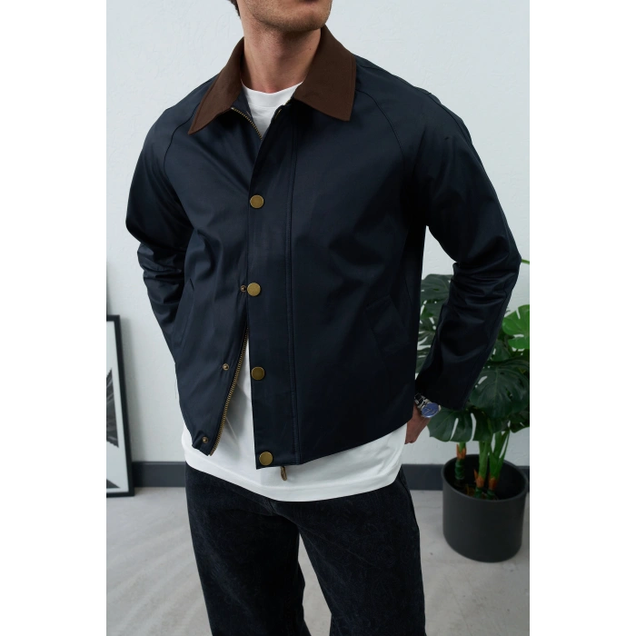 LACİVERT KADİFE YAKA MEVSİMLİK CEKET