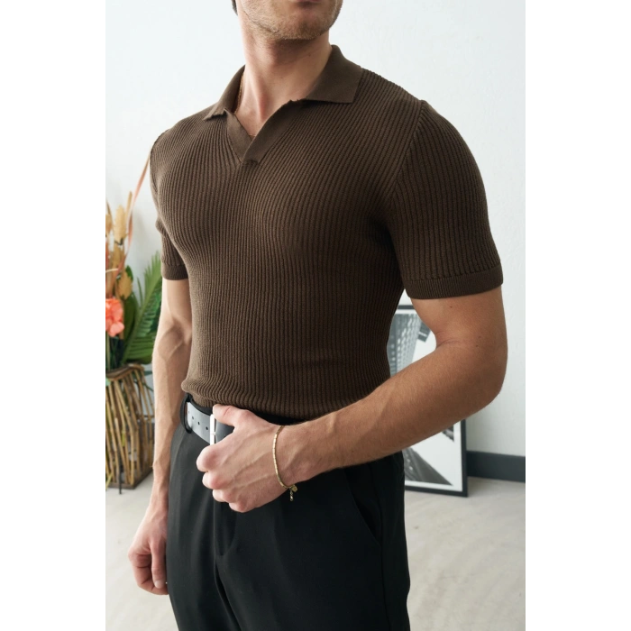 POLO YAKA ÖRME TRİKO KAHVERENGİ