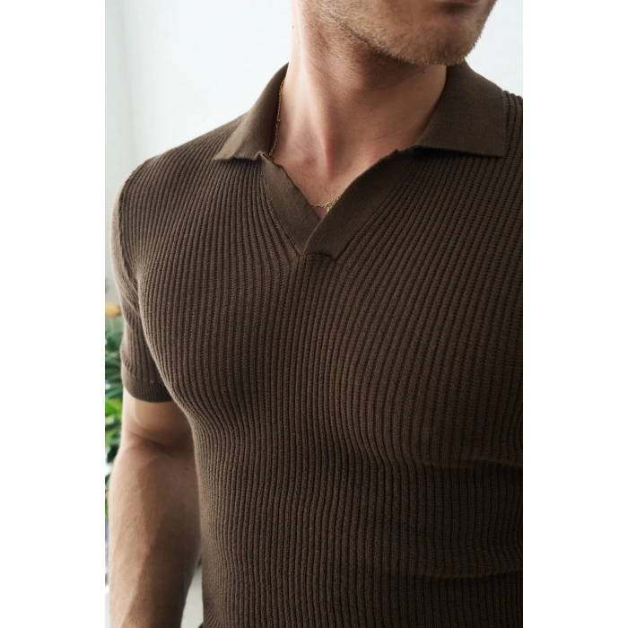POLO YAKA ÖRME TRİKO KAHVERENGİ