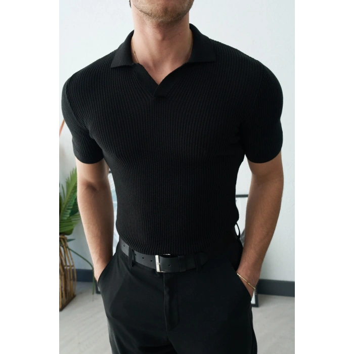 POLO YAKA ÖRME TRİKO SİYAH