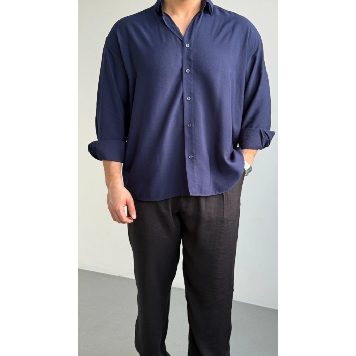 LACİVERT VİSKON KETEN GÖMLEK