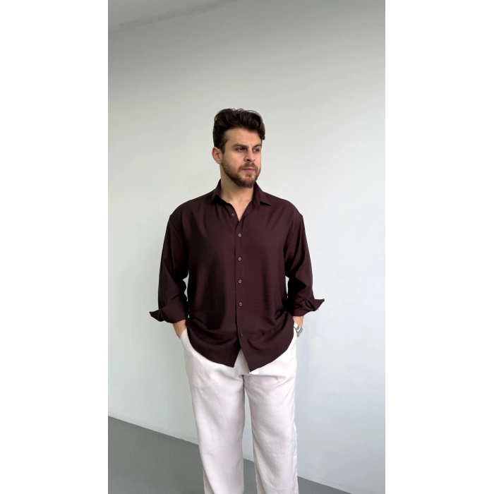 KAHVERENGİ VİSKON KETEN GÖMLEK