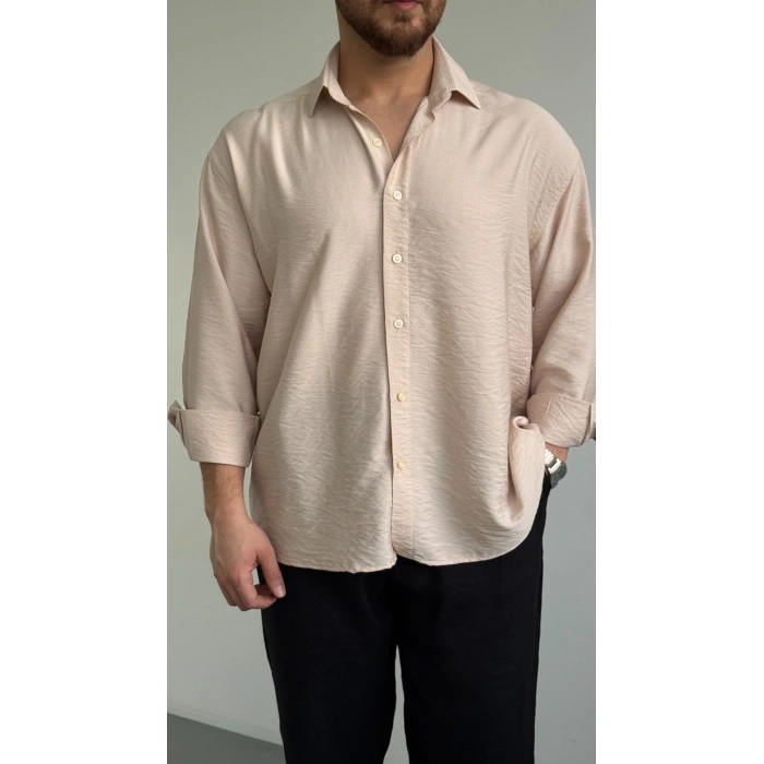 KREM VİSKON KETEN GÖMLEK