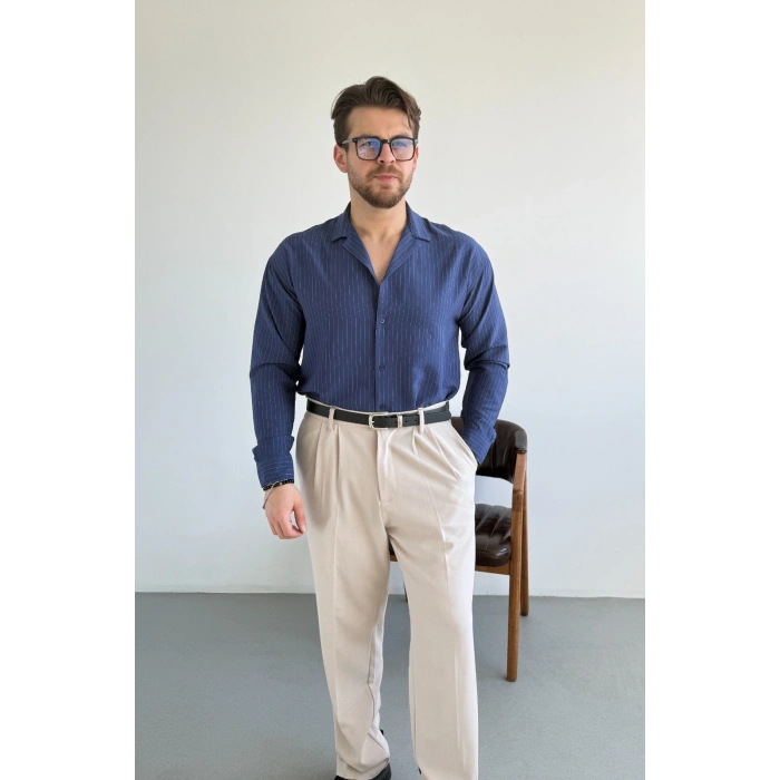 LACİVERT APAŞ YAKA ÇİZGİLİ GÖMLEK