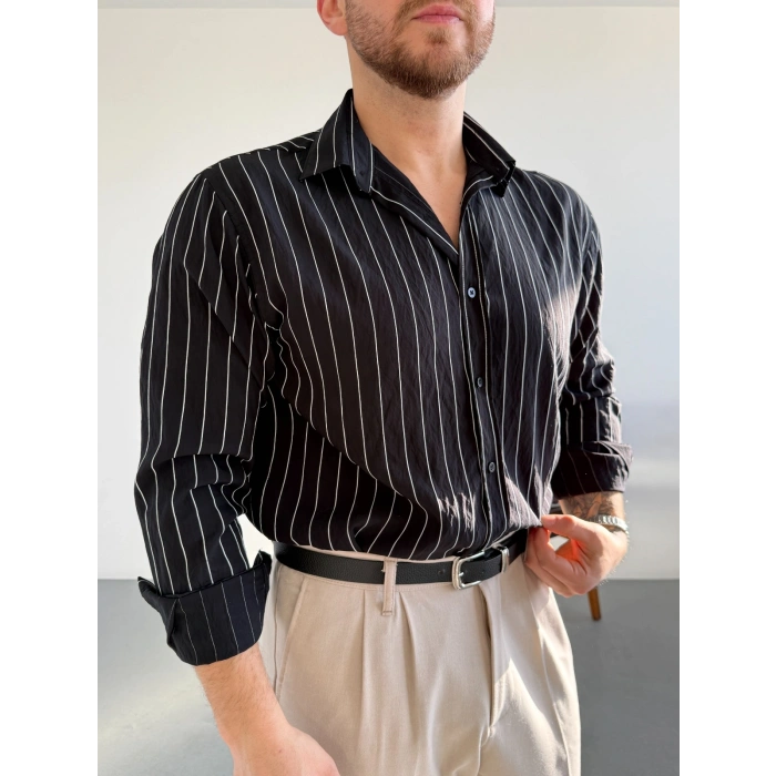 SİYAH MODAL ÇİZGİLİ GÖMLEK