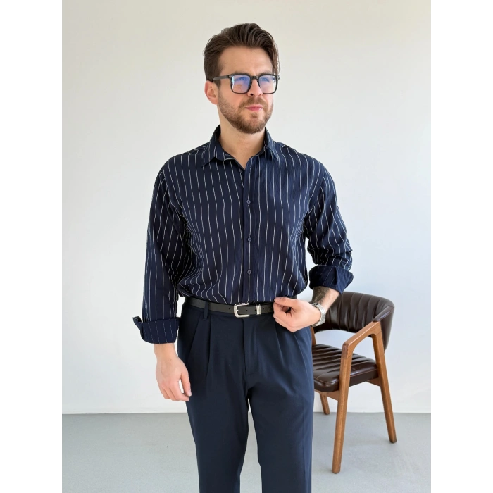 LACİVERT MODAL ÇİZGİLİ GÖMLEK