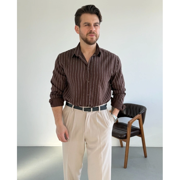 KAHVERENGİ MODAL ÇİZGİLİ GÖMLEK