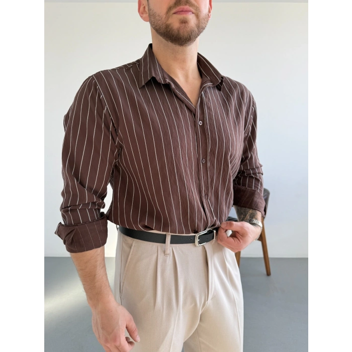 KAHVERENGİ MODAL ÇİZGİLİ GÖMLEK