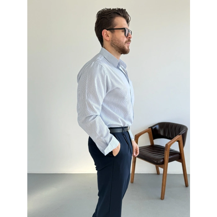 MAVİ İNCE ÇİZGİLİ REGULAR GÖMLEK