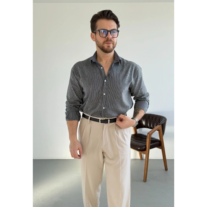 SİYAH İNCE ÇİZGİLİ REGULAR GÖMLEK